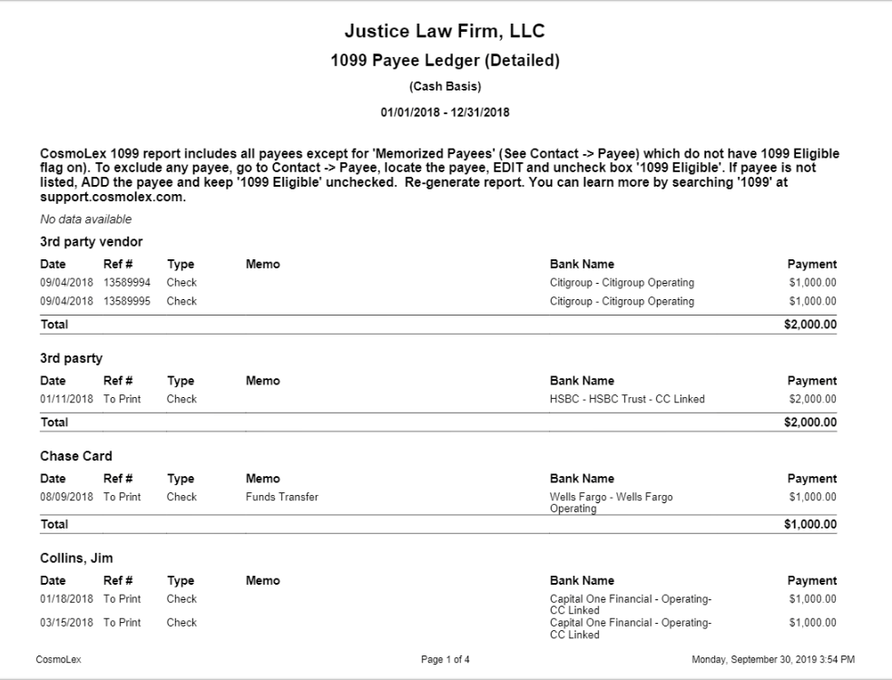 1099 Payee Ledger Report Cosmolex Support 2220